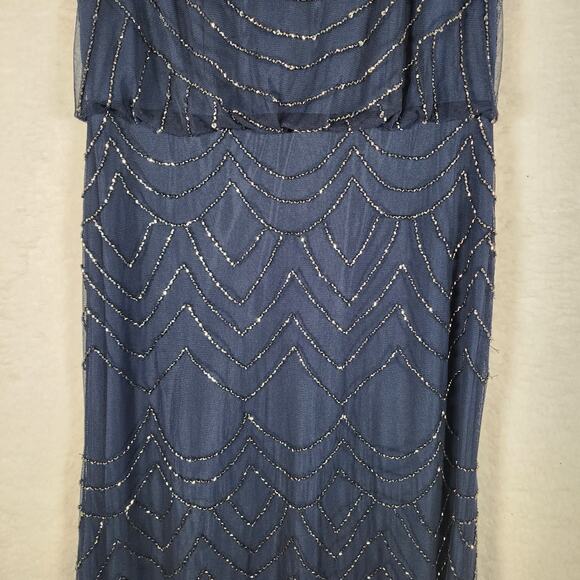 Adrianna Papell Formal Gold Beaded Navy Gown Classic Sz 4 - Picture 6 of 11